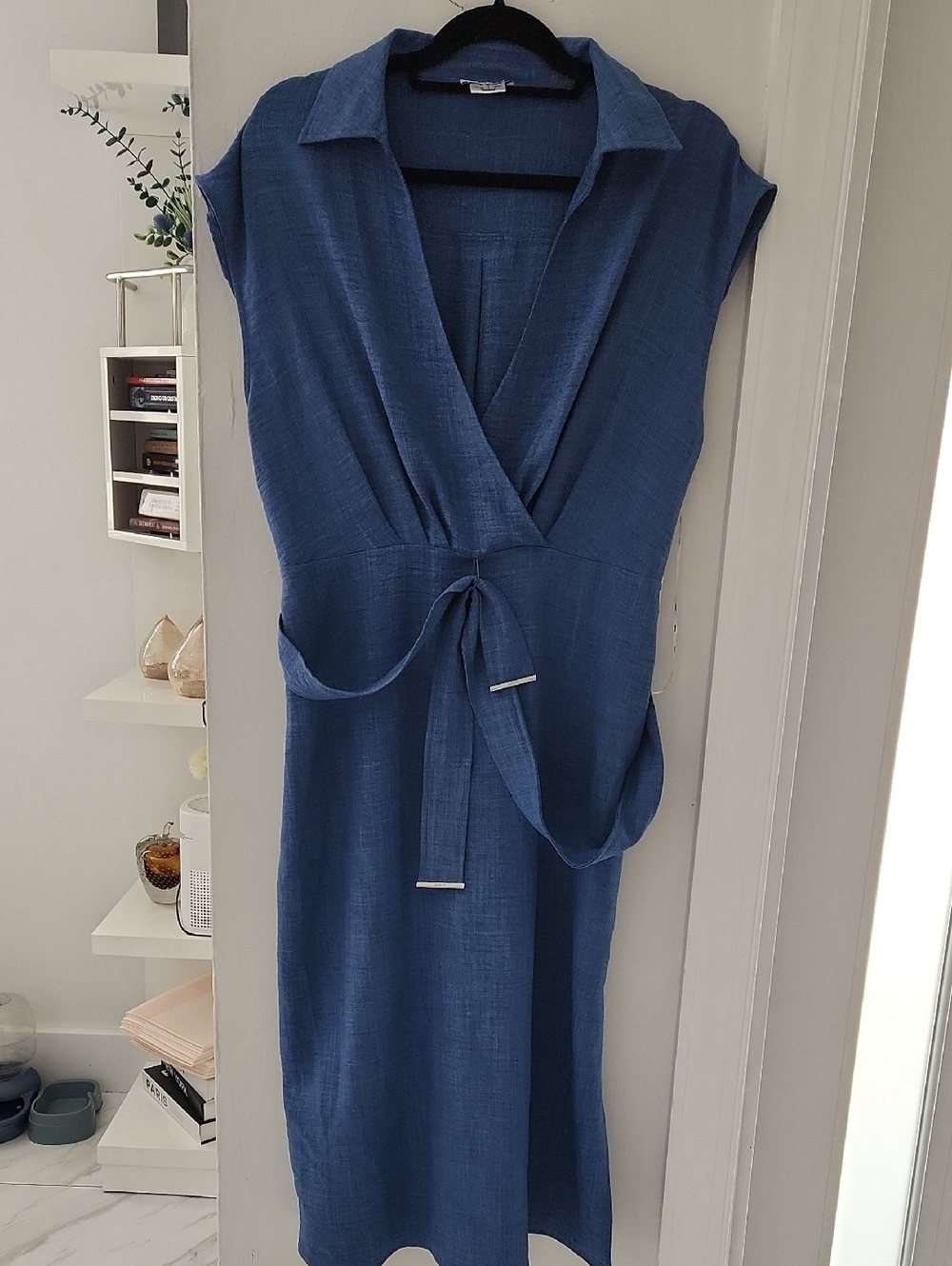 DKNY Blue Midi Tie-Waist Linen-Style Dress